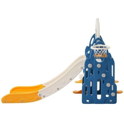 Blue and Orange 4-in-1 Toddler Slide Swing Set with Basketball Hoop