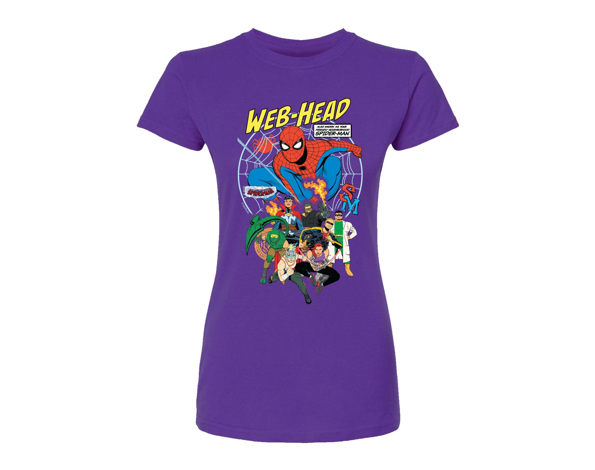 Women's Marvel Friendly Neighborhood Spider-Man Web Head Fitted Graphic T-Shirt - Purple - X-Large