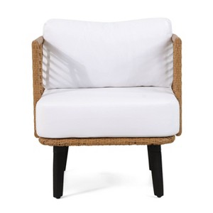 Nic Outdoor Wicker Club Chair with Cushion - Light Brown/White - Christopher Knight Home: UV & Water-Resistant Patio Accent Chair - 1 of 4