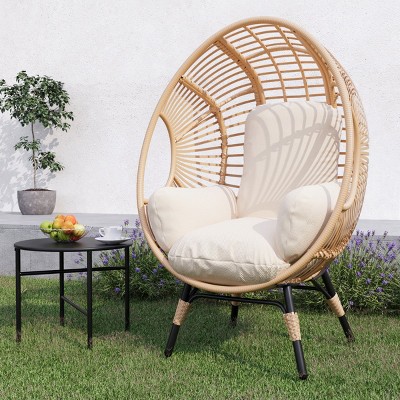 PE Wicker Weaving Patio Egg Chair,Fabric Upholstered Basket Swing Chair,Indoor Outdoor Lounge Egg Chair With Heavy Stand-Coolbibila