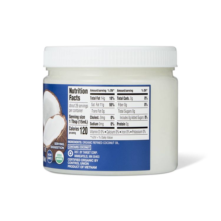 White plastic jar of organic refined coconut oil with a nutrition facts label showing 120 calories per tablespoon and ingredients listed as organic refined coconut oil.
