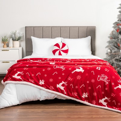 Red Reindeer Christmas Fleece Sherpa Reversible Throw Blanket