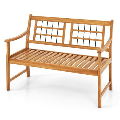 Tangkula Patio Acacia Wood Bench Wooden 2-Person Outside Chair w/Curved Armrests Slatted Seat & Backrest Outdoor Loveseat