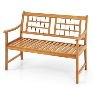 Tangkula Patio Acacia Wood Bench Wooden 2-Person Outside Chair w/Curved Armrests Slatted Seat & Backrest Outdoor Loveseat - 1 of 4