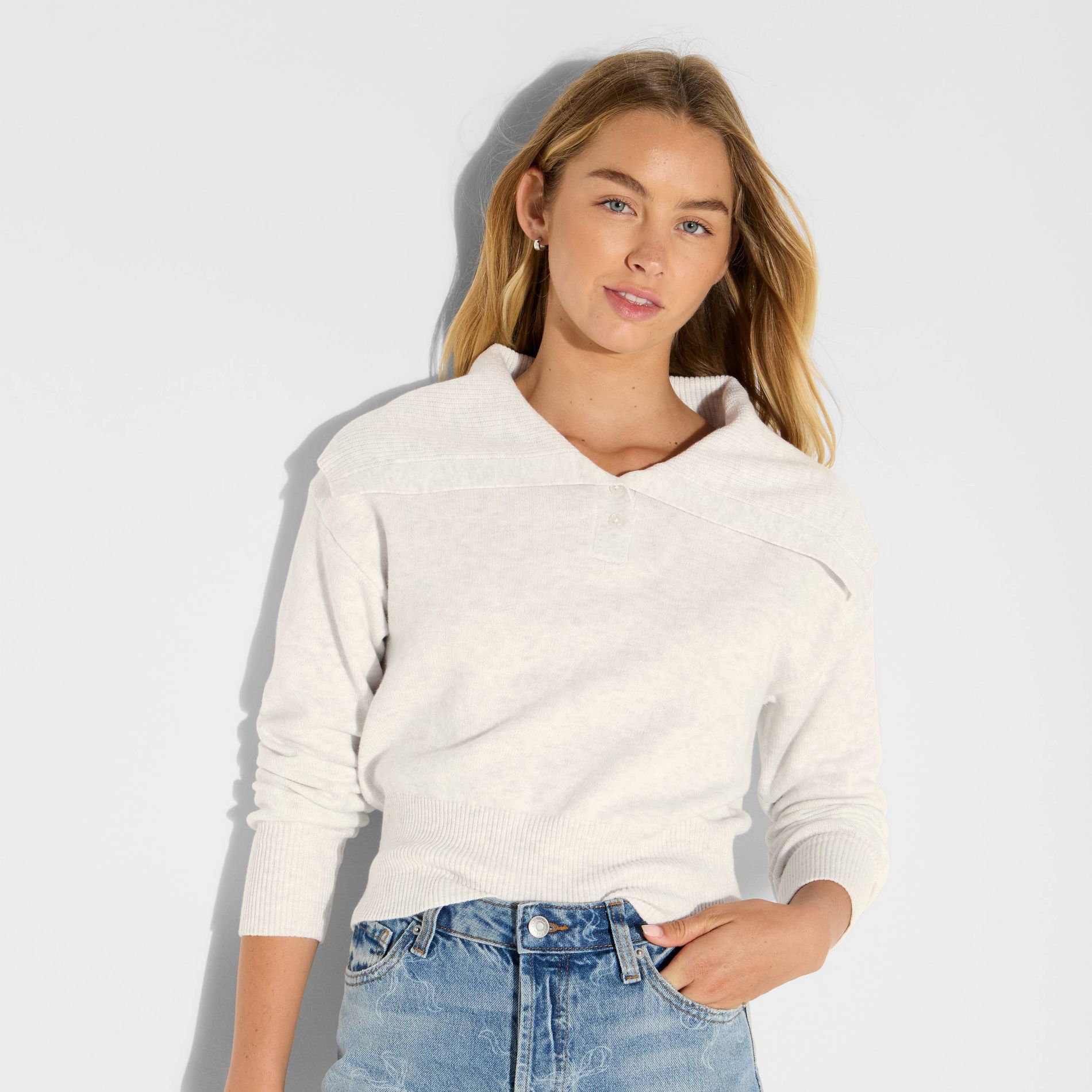 Women's Button-Down Collar Henley Sweater - Wild Fable™ Heather Gray M