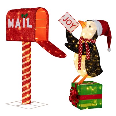 Tangkula Lighted Christmas Decoration Mailbox & Penguin w/160 LED Lights & Ground Stakes