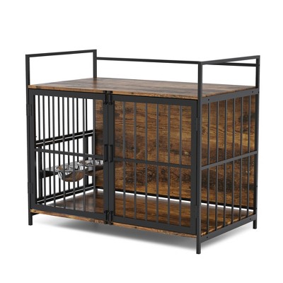 Large Rustic Brown Wood and Metal Dog Crate Table