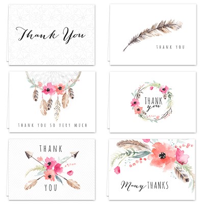 36ct Bohemian Theme Thank You Cards: Canopy Street Multicolor Floral Botanical Pack with Envelopes, Matte & Smooth Finish