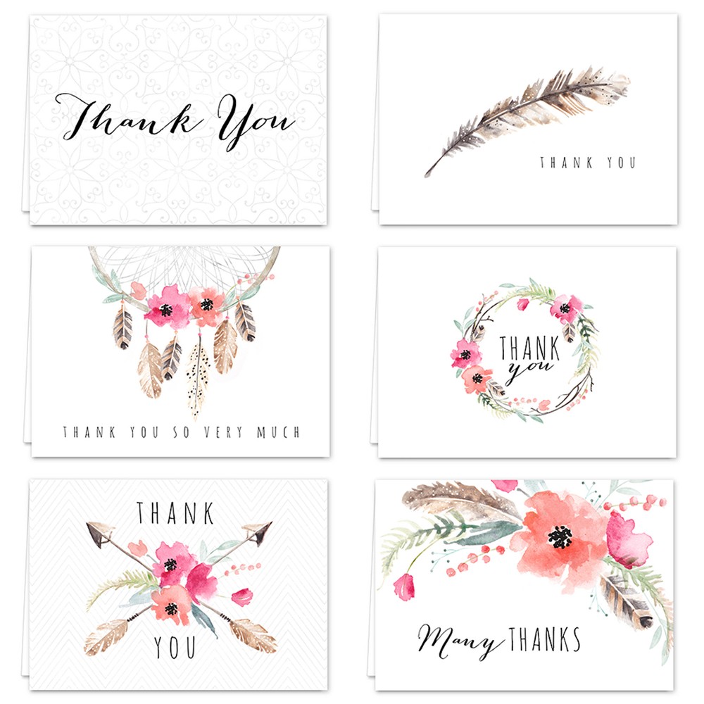 36ct Bohemian Theme Thank You Cards: Canopy Street Multicolor Floral Botanical Pack with Envelopes, Matte & Smooth Finish