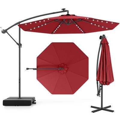 Costway Patio 10FT Hanging Offset Umbrella 32 LED Lights Sand Bag Outdoor Cross Base Beige/Turquoise/Dark Gray/Wine/Coffee/Navy