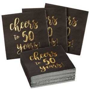 Blue Panda 50 Pack Cheers to 50 Years Cocktail Napkins for 50th Birthday, Anniversary Party Supplies, 3-Ply, Black and Gold Foil, 5 x 5 In - 1 of 4