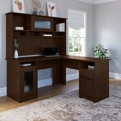 Modern Walnut L-Shaped Desk with Hutch and USB Hub