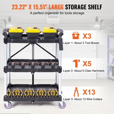 Black 3-Tier Foldable Heavy Duty Utility Cart with Lockable Wheels