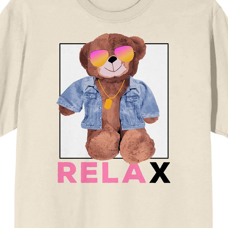 Teddy Drip "Relax" Chill Bear with Denim Jacket and Sunglasses Men's Natural Short Sleeve Crew Neck Tee, 2 of 4