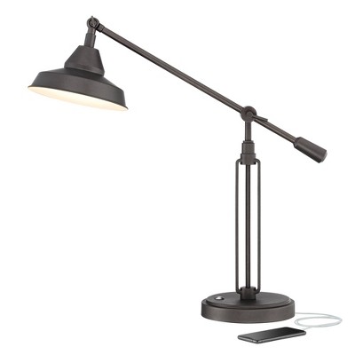 Franklin Iron Works Industrial Desk Lamp with Hotel Style USB Charging Port LED Adjustable 25" High Oil Rubbed Bronze Metal Shade for Office Table