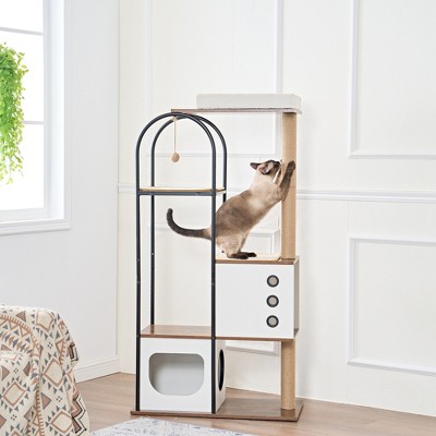 JUJABU Modern White Modern Cat Tower with 1 Caves,2 Scratching Posts