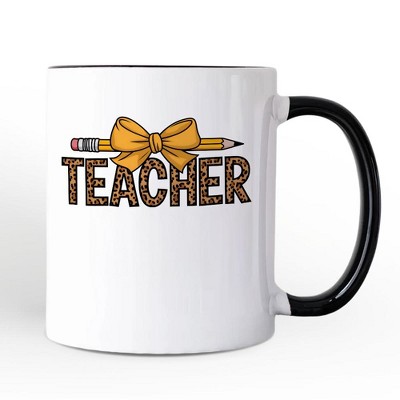 Teacher Leopard Pencil Personalized Mug, Coquette Bow Retro Classroom Gift | OrnamentallyYou