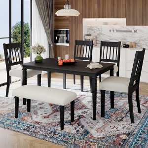 Farmhouse Dining Room Set for 6, 6 Pieces Wooden Rectangular Table and 4 Chairs with Bench for kitchen - 1 of 4