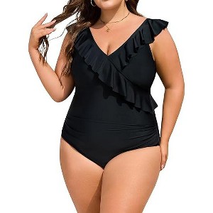 Eomenie One Piece Tummy Control Swimsuit for Women Slimming Bathing Suits Ruffle V Neck Swim Suit Swimwear - 1 of 3