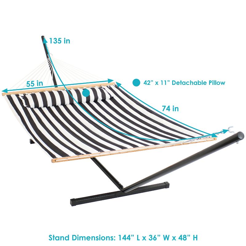 Sunnydaze Outdoor 2-Person Double Polyester Quilted Hammock with Wood Spreader Bar and 12ft Black Steel Stand, 4 of 20