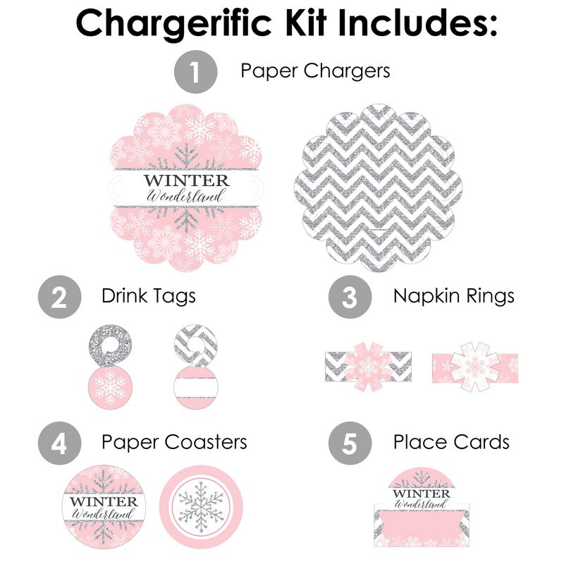 Big Dot of Happiness Pink Winter Wonderland Holiday Snowflake Birthday Party and Baby Shower Paper Charger and Table Decorations Chargerific Kit for 8, 3 of 9
