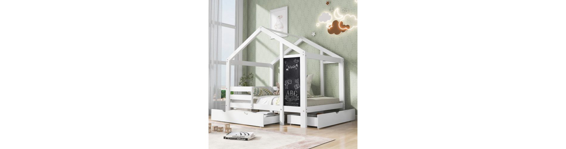 House Bed Frame With Roof, Twin Size Floor Beds, Fun Playhouse Bed Frames With Blackboard And Drawers, 2 Assembly Options For Toddlers Home, White