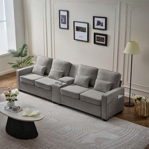 KWPZQEB 114" Modular Sofa, Modern Linen Fabric Couches with Console, 2 Cup Holders & 3 USB Ports, 4 Seat Upholstered Sofa for Living Room, Apartment - 1 of 4