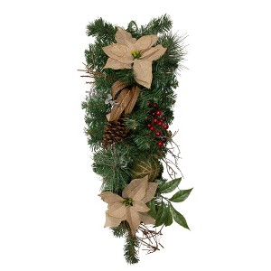 Northlight 28" Unlit Mixed Pine Berry and Burlap Poinsettia Artificial Christmas Teardrop Swag - 1 of 4