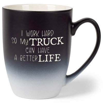 Elanze Designs I Work Hard So My Truck Can Have A Better Life Two Toned Ombre Matte Black and White 12 ounce Ceramic Stoneware Coffee Cup Mug