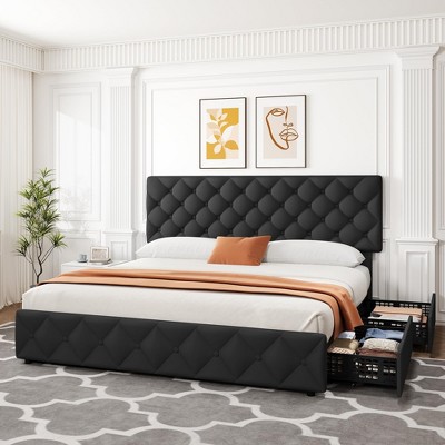 Full/Queen/King Size Bed Frame with 4 Storage Drawers, Faux Leather Upholstered Platform Bed Frame with Adjustable Headboard