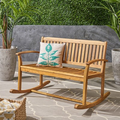Outdoor 2-Seater Rocking Loveseat with Slatted Back and Arms,Acacia Wood Porch Bench for Relaxing-Cuddlewood
