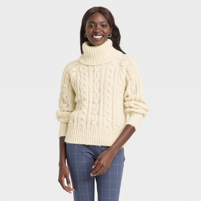 Turtleneck Cable Knit Pullover Sweater ...