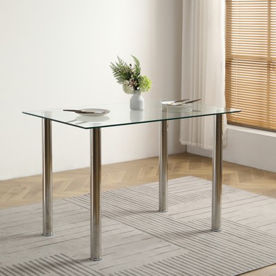 KTMBDW Modern Tempered Glass Dining Table, Kitchen & Dining Room Glass Tables with 4 Heavy-Duty Metal Legs, Transparent
