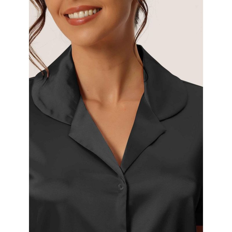 cheibear Women's Satin Button Short Sleeve Shirt and Shorts 2 Pcs Pajama Set, 4 of 6