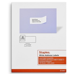 Staples Laser/Inkjet Address Labels 1" x 2 5/8" White 30 Labels/Sheet 18057/SIWO100 - 1 of 4