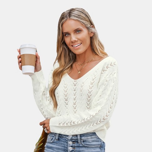 Women's Cutout Crochet V-Neck Sweater - Cupshe-XS-Off-White