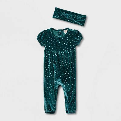 Baby Girls' Dot Velour Short Sleeve Romper - Cat & Jack™ Green 0-3M
