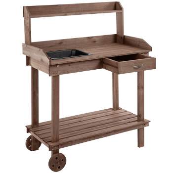 Outsunny Garden Potting Bench Table, Outdoor Wooden Workstation with 2 Removable Wheels, Sink, Drawer & Large Storage Space