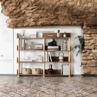 Alilang 55.10 Inch Tiered Wooden Bookcase with Natural Finish and Open Shelving-Walnut