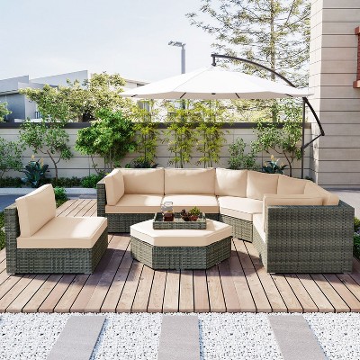 Janey 6-piece All-weather Wicker Patio Sectional Sofa Set, Outdoor Furniture with Cushions and Table - Maison Boucle