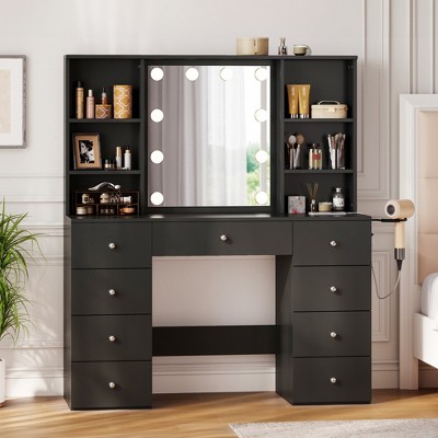 47" Make Up Vanity Desk with Mirror, Lights, Shelves & Charging Station
