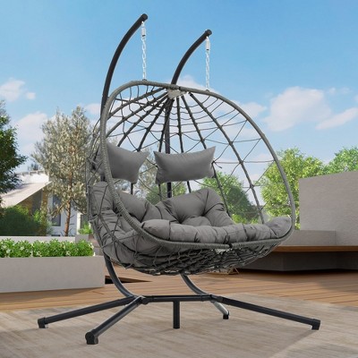 2 Persons Egg Chair With Stand, Large Rattan Wicker Swing With Headrest, Thick Cushion, Indoor Outdoor Hanging Basket Chair