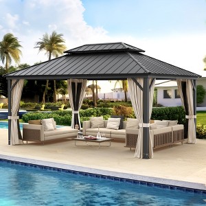 Arceso Hardtop Gazebos, Aluminum Frame Permanent Pavilion with Curtains and Netting, Double Galvanized Steel Roof Gazebo Outdoor, Metal Gazebo Canopy - 1 of 4