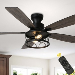 Bella Depot 52" 5-blades Matte Black Industrial Flush Mount Ceiling Fan Light with Remote 6-speed Reversible DC Motor - 1 of 4