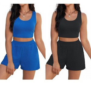 ATHLECHIC Women's Ribbed Knit Crop Tank Tops Short Sets with Pockets Travel Outfits 2 Pcs - 1 of 4