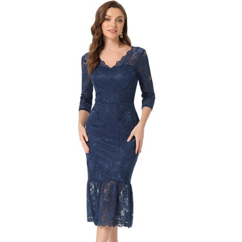 Allegra K Women's Elegant V Neck 3/4 Sleeve Lace Mermaid Bodycon Dress Dark  Blue X-Small