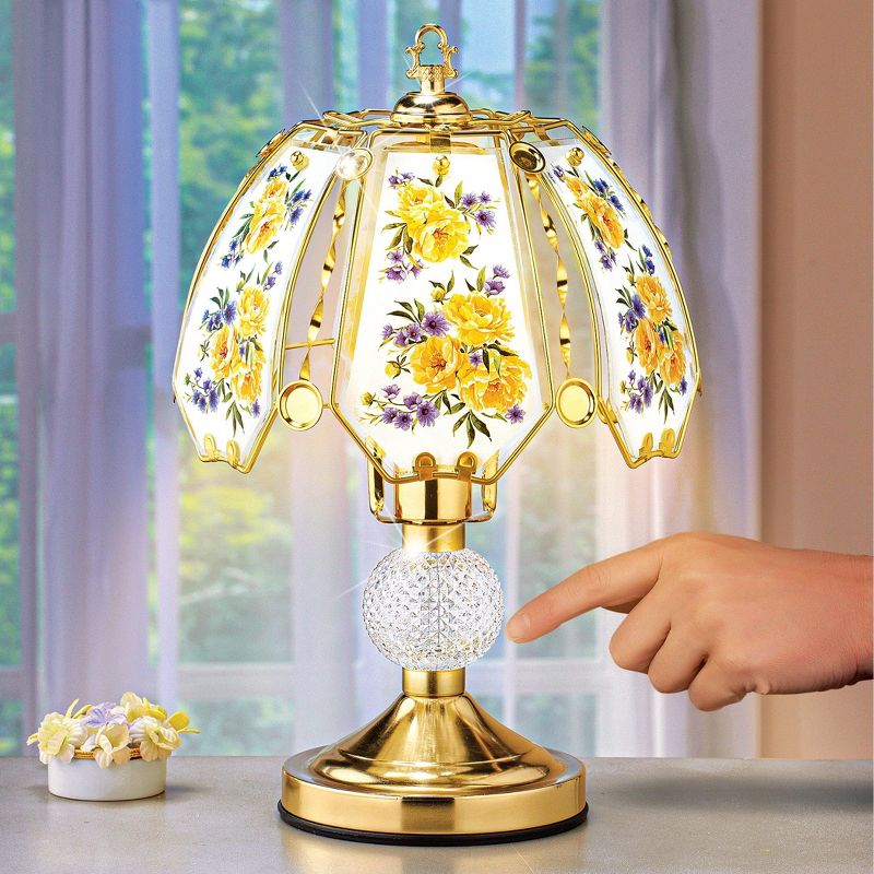 Collections Etc Peony Gold-Toned Glass Touch Base Tabletop Lamp 10.5 X 10.5 X 15.5 Gold Traditional, 2 of 3