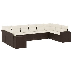 vidaXL Patio Sofa Set with Cushions Outdoor Conversation Furniture Poly Rattan - Brown and Cream With Table - 1 of 4