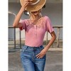 Womens Knit Tops Short Sleeve Ribbed Knit Tops with Lace Neckline Elegant Front Button Sweater,Pink - 2XL - 3 of 4