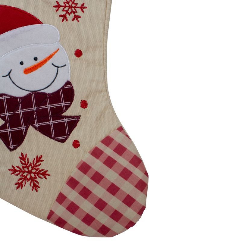 Northlight 17" Red and Beige Burlap Embroidered Snowman Christmas Stocking with Red Gingham Cuff, 4 of 5